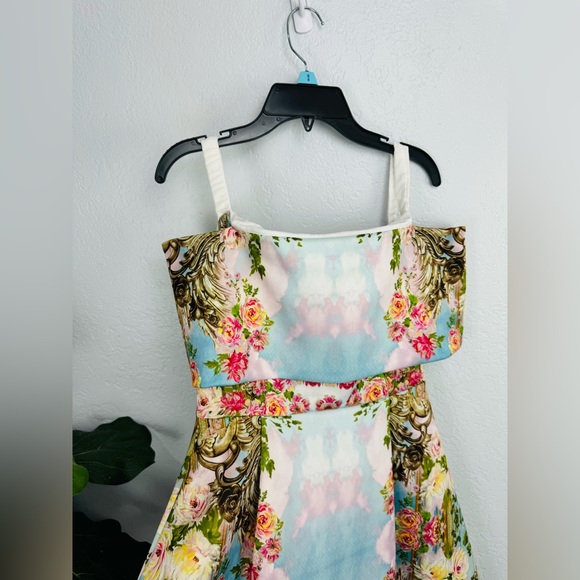 ASOS Gold Pastels Baroque Garden Pleated Off Shoulder Barot Dress - Picture 5 of 8